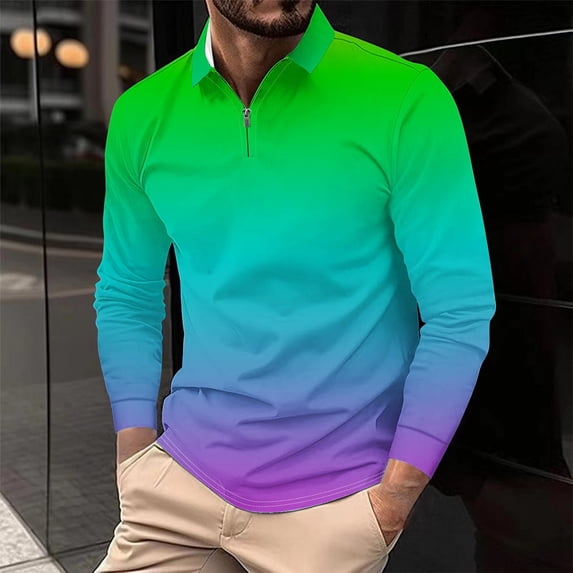 Golf Shirts for Men Big & Tall S-5X Plus Size Long Sleeve Tshirts Shirt with Zipper Collar Pullover Gradient Printed Basic Athletic Workout Tees Tops