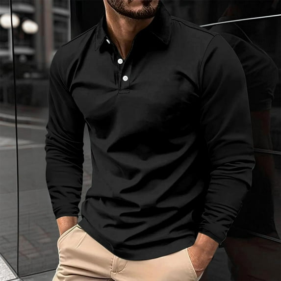 Golf Shirts for Men Business Casual Long Sleeve T-Shirts Pullover Button Collared Solid Color Breathable Office Work Tees Tops