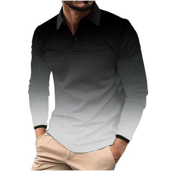 Golf Shirts for Men Long Sleeve Button Collared T-Shirts Mens Casual Gradient Polka Dot Printed Pullover Breathable Lapel Athletic Workout Tees Tops