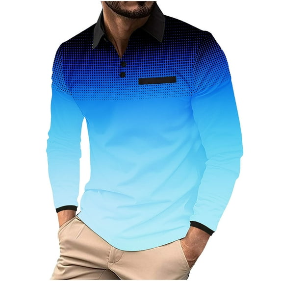 Golf Shirts for Men Long Sleeve Button Collared Tees Tops Mens Trendy Gradient Polka Dat Printed Pullover Breathable Athletic Workout Tshirts Shirt