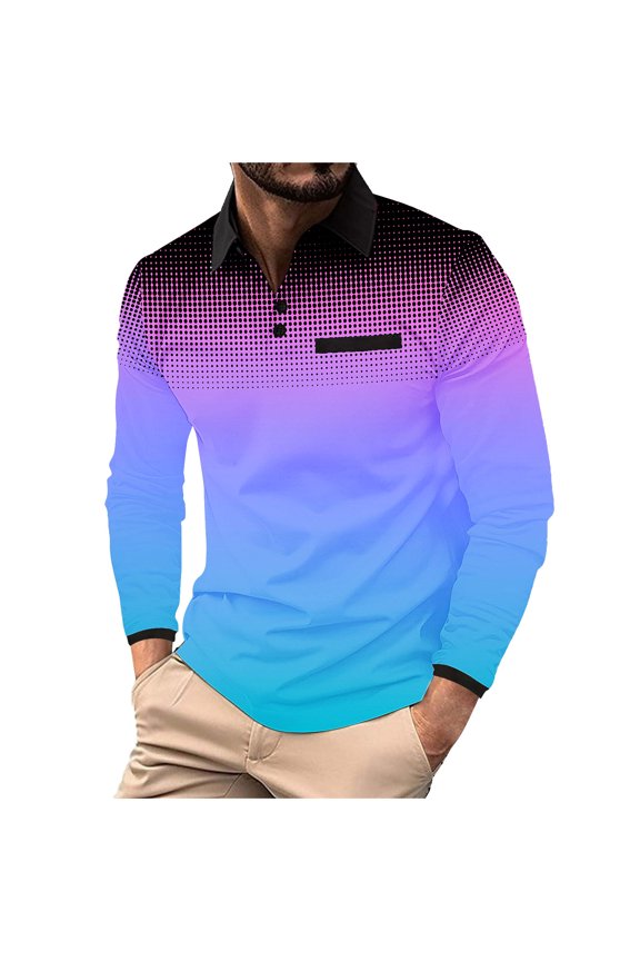 Golf Shirts for Men Long Sleeve Button Collared Tees Tops Mens Trendy Gradient Polka Dat Printed Pullover Breathable Athletic Workout Tshirts Shirt