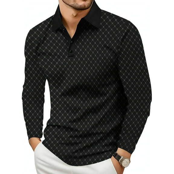 Golf Shirts for Men Long Sleeve Dry Fit Casual Plaid Performance Moisture Wicking Collared Mens Polo Shirts Black XXL