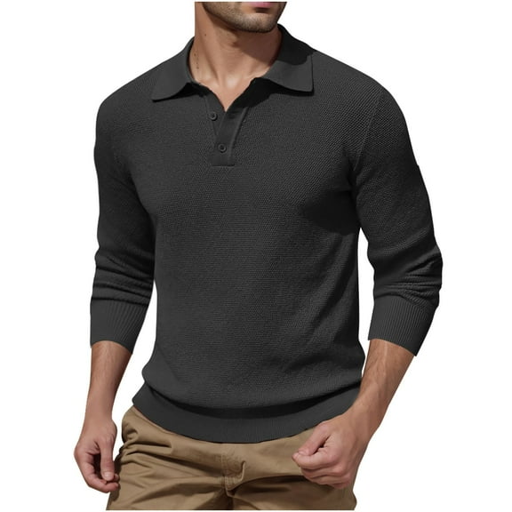 Golf Shirts for Men Long Sleeve Knitted Button Collared Pullover Tees Shirt Casual Solid Breathable Basic Loose Comfort Lapel Workout Tops