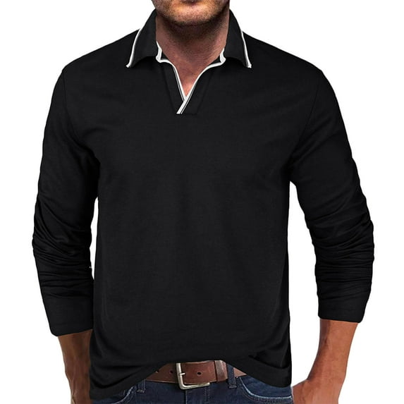 Golf Shirts for Men Long Sleeve T-Shirts Mens Casual Solid Color Pullover V Neck Collared Breathable Office Work Tees Tops Fall