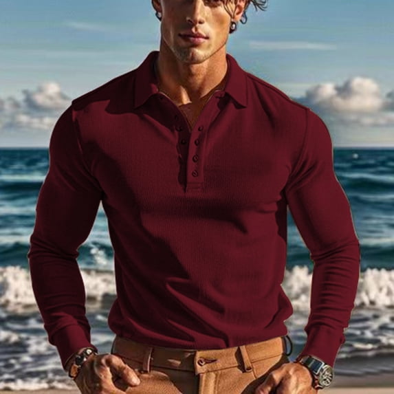 Golf Shirts for Men Long Sleeve T-Shirts Mens Casual Solid Waffleknit Pullover Button Collared Breathable Athletic Workout Tees Tops