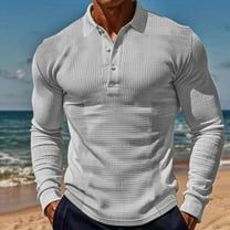 Golf Shirts for Men Long Sleeve T-Shirts Mens Casual Solid Waffleknit Pullover Button Collared Breathable Athletic Workout Tees Tops