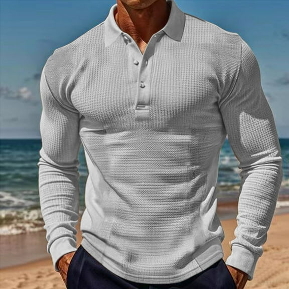 Golf Shirts for Men Long Sleeve T-Shirts Mens Casual Solid Waffleknit Pullover Button Collared Breathable Athletic Workout Tees Tops