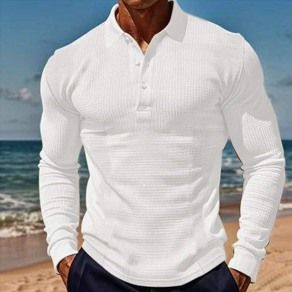 Golf Shirts for Men Long Sleeve T-Shirts Mens Casual Solid Waffleknit Pullover Button Collared Breathable Athletic Workout Tees Tops