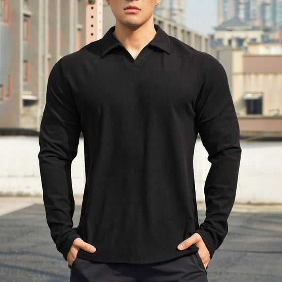Golf Shirts for Men Long Sleeve T-Shirts with Collar Mens Casual Solid Color Pullover Slim-Fit Basic Athletic Workout Tees Tops