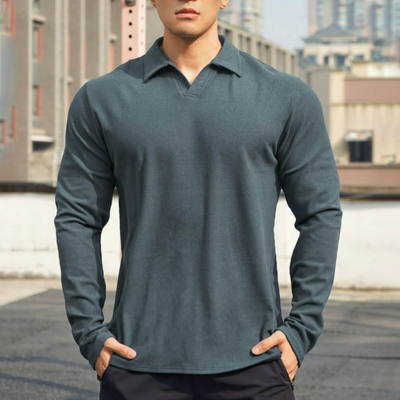 Golf Shirts for Men Long Sleeve T-Shirts with Collar Mens Casual Solid Color Pullover Slim-Fit Basic Athletic Workout Tees Tops
