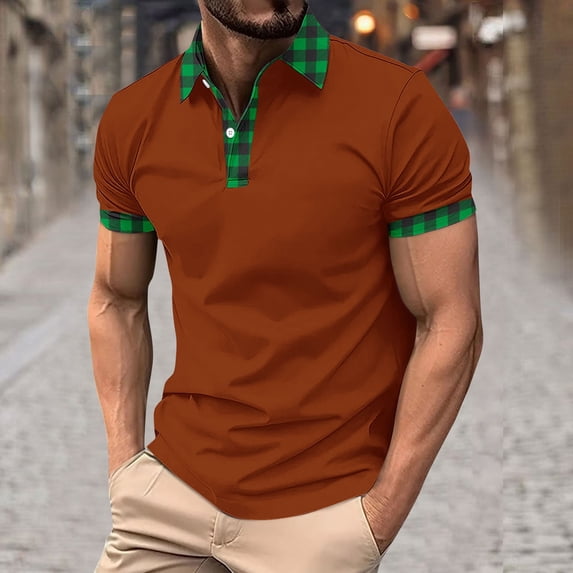 Golf Shirts for Men Pullover Short Sleeve T-Shirts Mens Casual Plaid Printed Button Collared Breathable Slim Athletic Workout Tees Tops