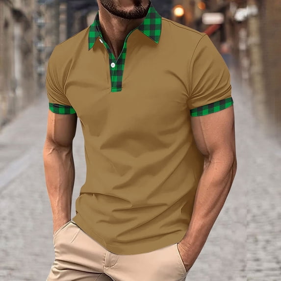 Golf Shirts for Men Pullover Short Sleeve T-Shirts Mens Casual Plaid Printed Button Collared Breathable Slim Athletic Workout Tees Tops