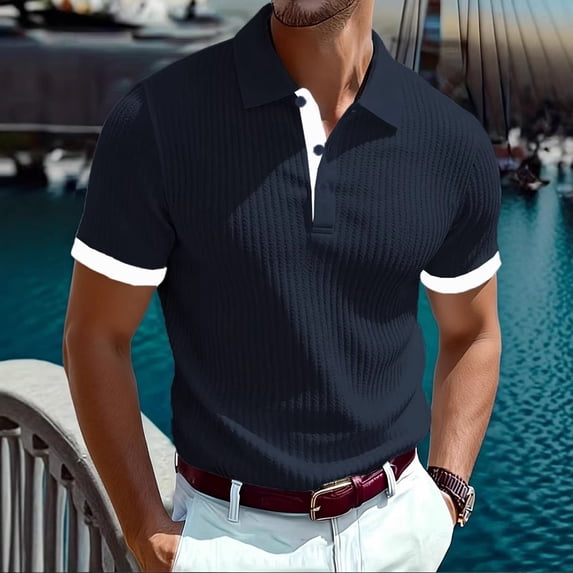 Golf Shirts for Men Short Sleeve Pullover Slim Button Collared T-Shirts Mens Business Casual Color Block Breathable Basic Lapel Work Tees Tops