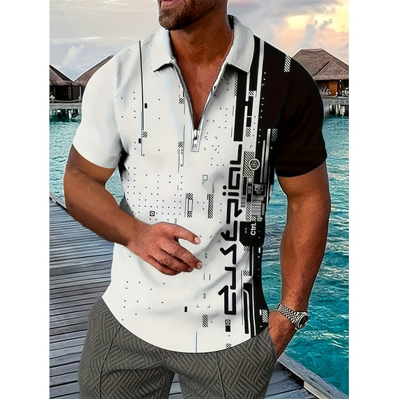 Golf Shirts for Men Short Sleeve Regular Fit Moisture Wicking Performance Casual Striped Print Mens Polo Shirts White 3XL