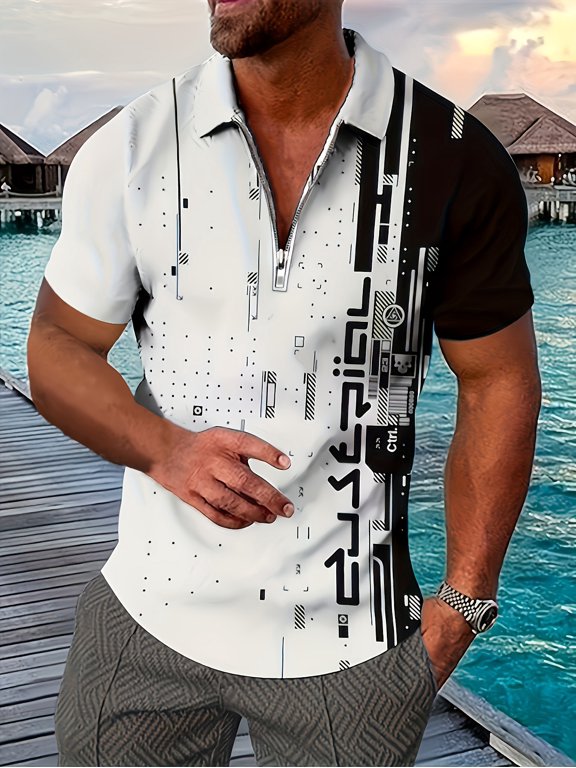 Golf Shirts for Men Short Sleeve Regular Fit Moisture Wicking Performance Casual Striped Print Mens Polo Shirts White M
