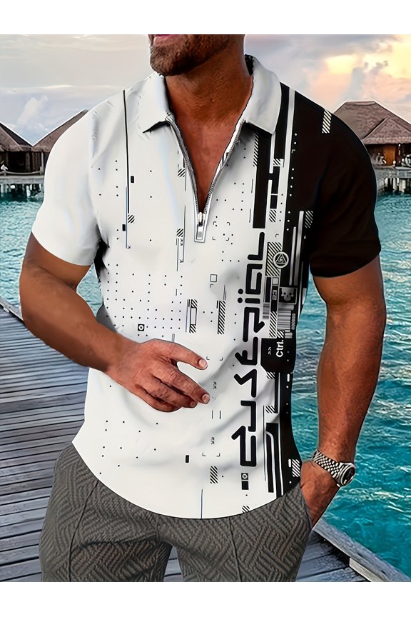 Golf Shirts for Men Short Sleeve Regular Fit Moisture Wicking Performance Casual Striped Print Mens Polo Shirts White M