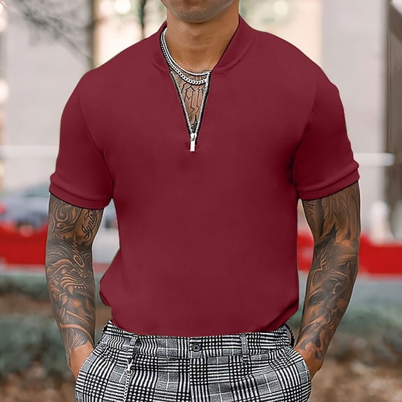 Golf Shirts for Men Short Sleeve with Zipper Stand Collared Athletic T-Shirts Mens Casual Pullover Solid Color Breathable Workout Tees Tops