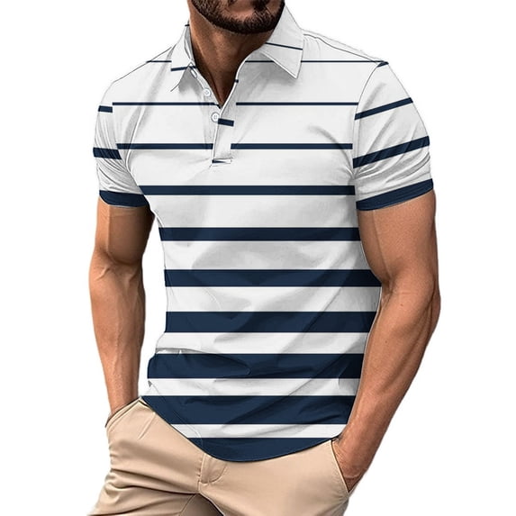 Golf Shirts for Men with Button Collared Short Sleeve Tshirts Shirt Mens Casual Stripe Printed Pullover Breathable Athletic Workout Tees Tops
