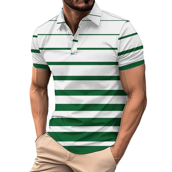 Golf Shirts for Men with Button Collared Short Sleeve Tshirts Shirt Mens Casual Stripe Printed Pullover Breathable Athletic Workout Tees Tops