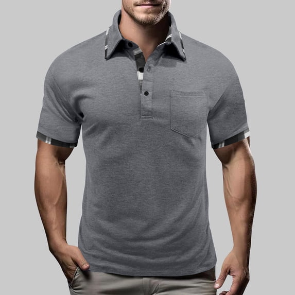 Golf Shirts for Men with Pocket Plaid Printed Short Sleeve T-Shirts Mens Casual Pullover Button Collared Breathable Basic Athletic Workout Tees Tops