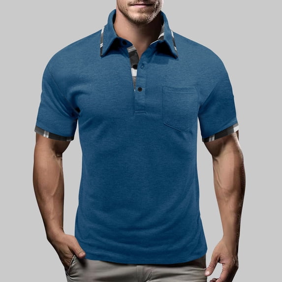 Golf Shirts for Men with Pocket Plaid Printed Short Sleeve T-Shirts Mens Casual Pullover Button Collared Breathable Basic Athletic Workout Tees Tops