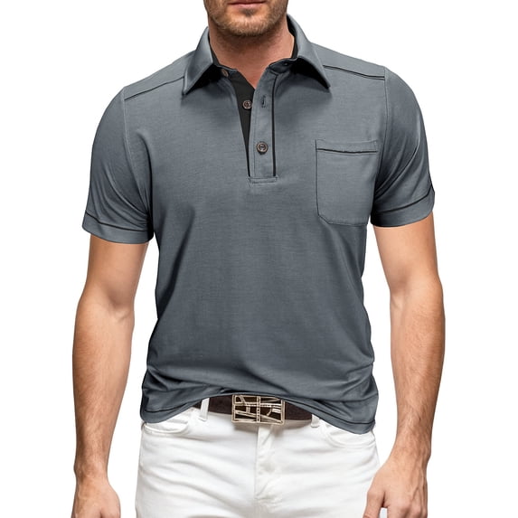 Golf Shirts for Men with Pocket Short Sleeve T Shirt Mens Casual Solid Color Pullover Button Collared Breathable Going-Out Athletic Workout Tees Tops