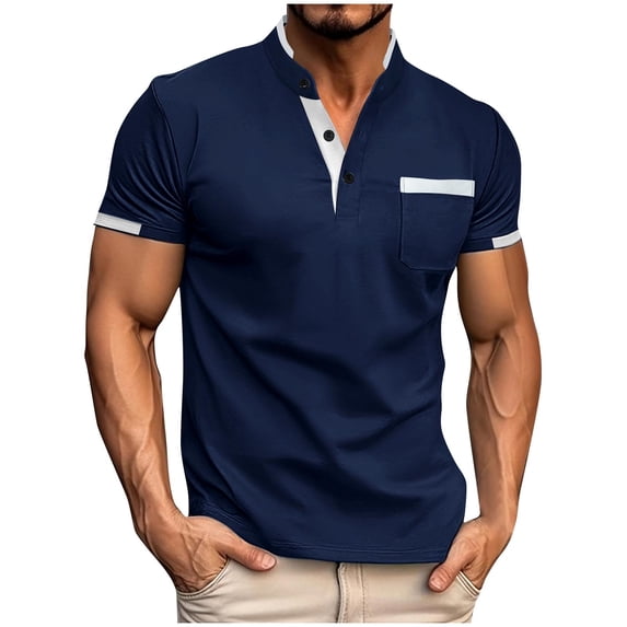 Golf Shirts for Men with Pocket and Button Mock Neck Short Sleeve T-Shirts Mens Casual Color Block Pullover Breathable Business Workout Tees Tops