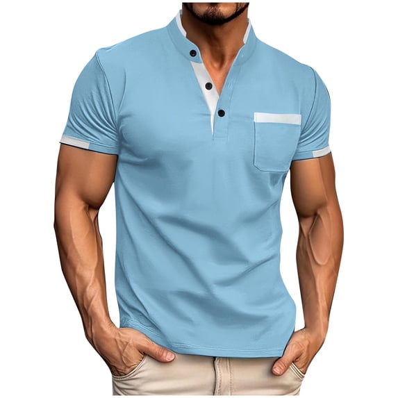 Golf Shirts for Men with Pocket and Button Mock Neck Short Sleeve T-Shirts Mens Casual Color Block Pullover Breathable Business Workout Tees Tops
