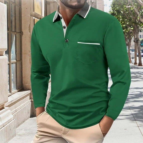 Golf Shirts for Men with Pocket and Collared Long Sleeve Tshirts Shirt Mens Business Casual Color Block Button Lapel Pullover Work Tees Tops