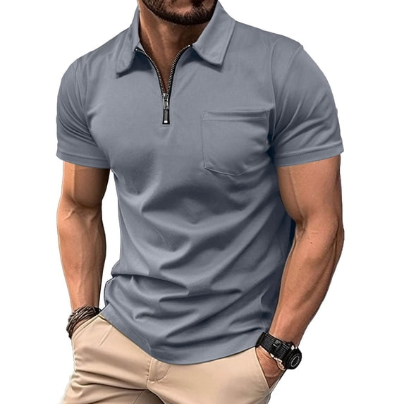 Golf Shirts for Men with Pocket and Zipper Collared Short Sleeve T-Shirts Mens Casual Solid Color Pullover Breathable Athletic Workout Tees Tops