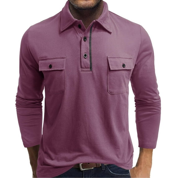 Golf Shirts for Men with Pockets and Button Collared Long Sleeve Tshirts Shirt Mens Casual Solid Color Pullover Lapel Office Work Tees Tops
