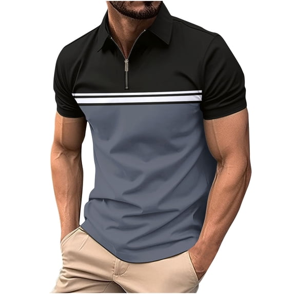 Golf Shirts for Men with Zipper Collared Short Sleeve T Shirt Mens Casual Color Block Pullover Breathable Lapel Athletic Workout Tees Tops
