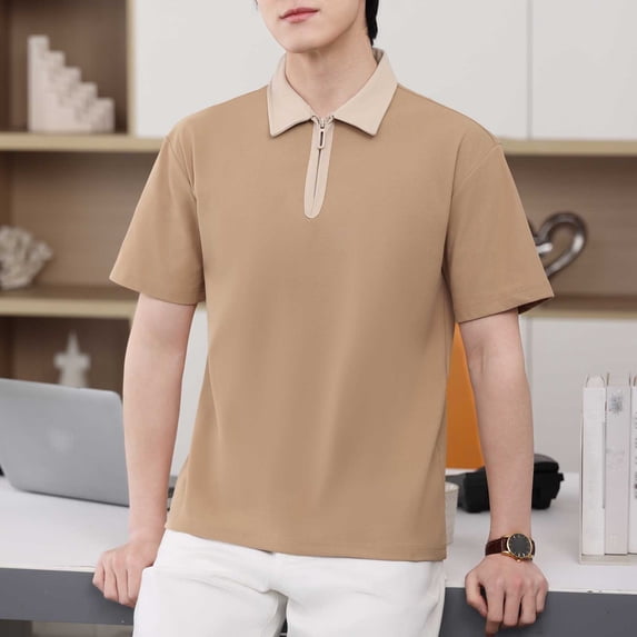 Golf Shirts for Men with Zipper Collared Short Sleeve Tees Tops Mens Casual Color Block Pullover Stretchy Slim Athletic Workout Tshirts Shirt