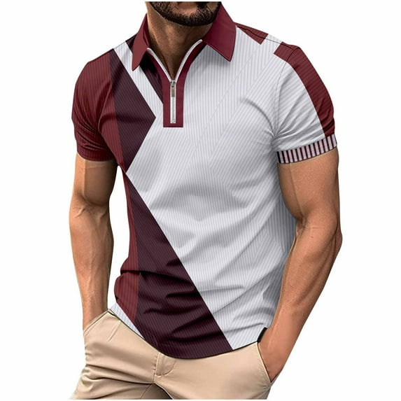 Golf Shirts for Men with Zipper Collared Short Sleeve Tees Tops Mens Pullover Casual Color-Block Breathable Athletic Workout Tshirts Shirt