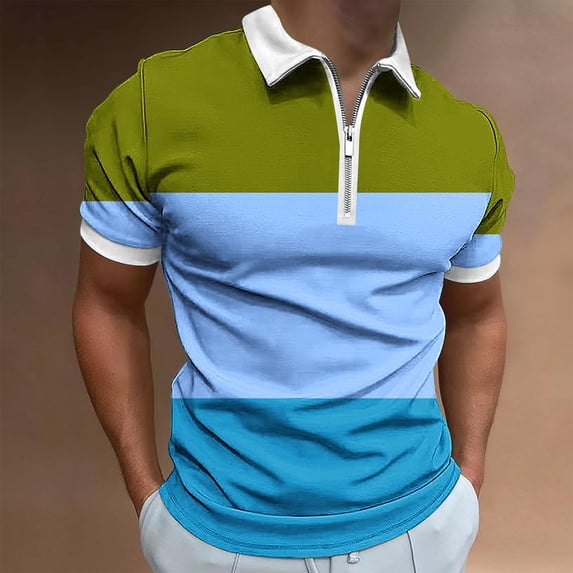 Golf Shirts for Men with Zipper Collared Short Sleeve Tshirts Shirt Mens Casual Color Block Pullover Breathable Lapel Athletic Workout Tees Tops