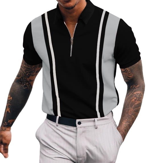 Golf Shirts for Men with Zipper Collared Short Sleeve Tshirts Shirt Mens Casual Color Block Pullover Slim Breathable Going-Out Workout Tees Tops