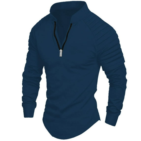 Golf Shirts for Men with Zipper Stand Collared Long Sleeve Sweatshirts Casual Pullover Solid Color Pleated Athletic Workout T-Shirts Tops