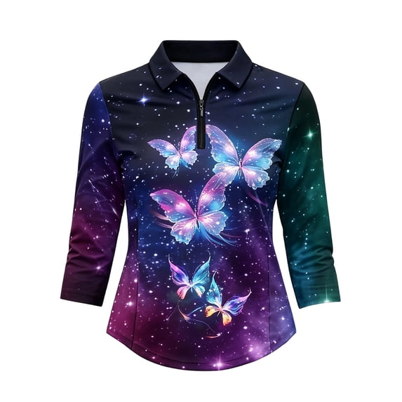 Golf Shirts for Women Butterfly Notch Neck Polo 3/4 Sleeve Athletic Tennis Golf Top