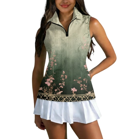 Golf Shirts for Women Sleeveless Zip Collared Athletic Tank Tops with Print, Golf and Tennis Performance Top Light Green M