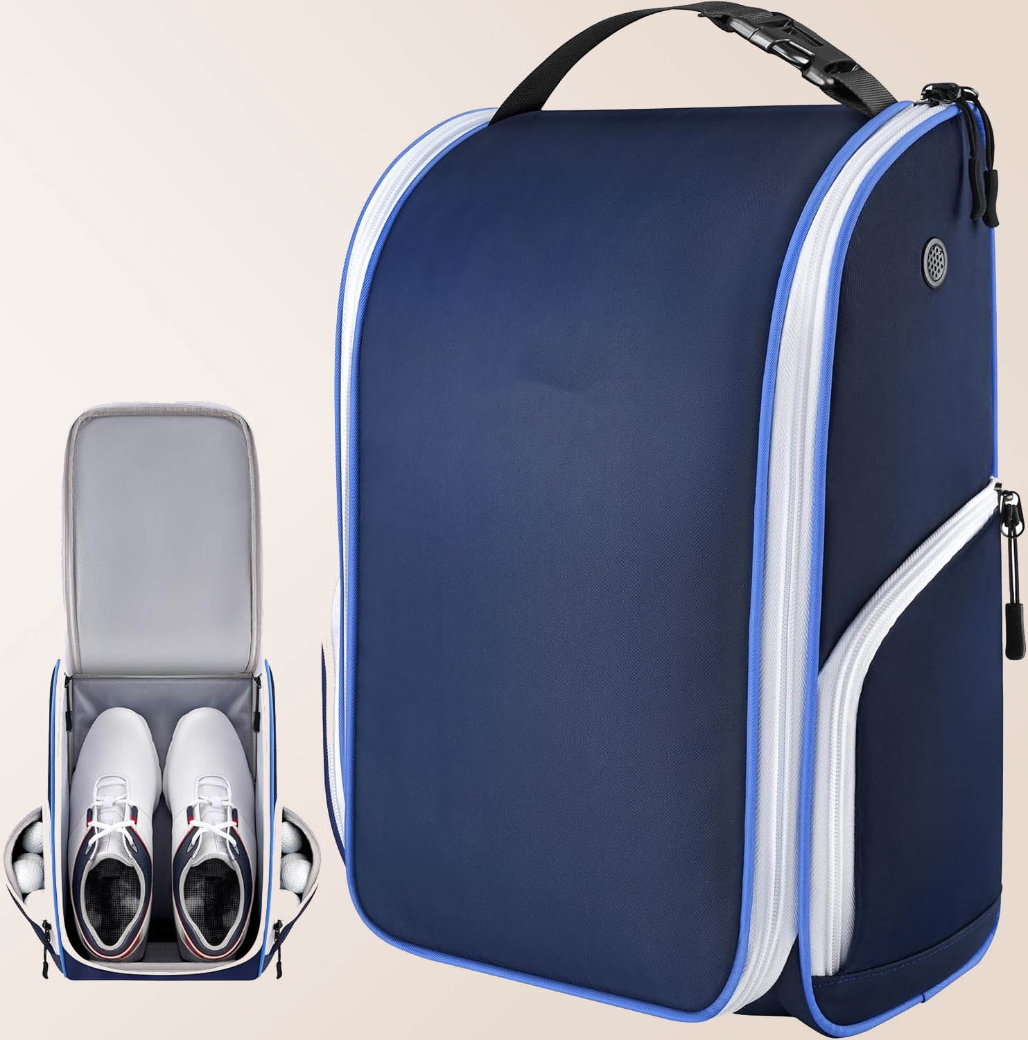 Golf Shoe Bag with 3 Pockets for Socks, Gloves, Tees, Balls, Brush, Designed with a Buckle Top Carry Handle, Zippered Sport Shoe Carrier Bags with Ventilation, Blue