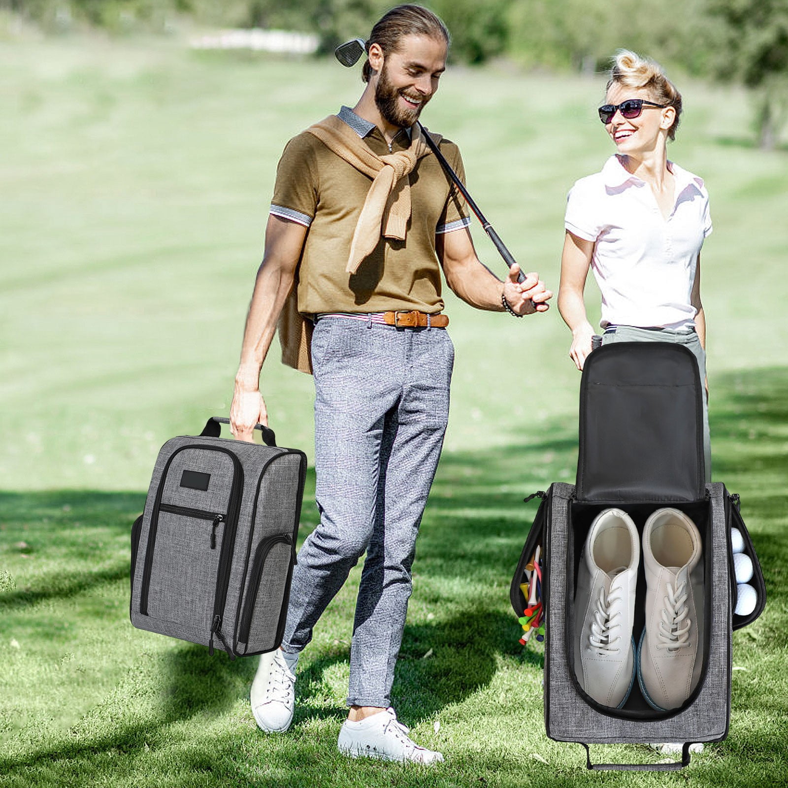 Golf Shoe Bag Breathable Dustproof Oxford Fabric Travel Shoe Case with Pockets Portable Storage Bag for Men Women Gray 14x9.4x6 Inches