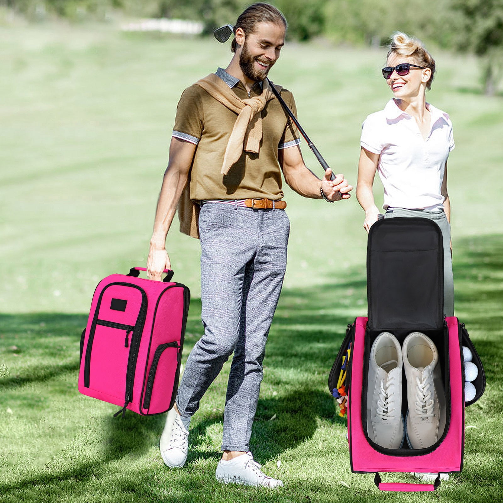 Golf Shoe Bag Portable Oxford Breathable Dustproof Travel Shoe Carrier with Side Pocket Double Zipper for Men Women Fits Up to Size 14 Hot Pink