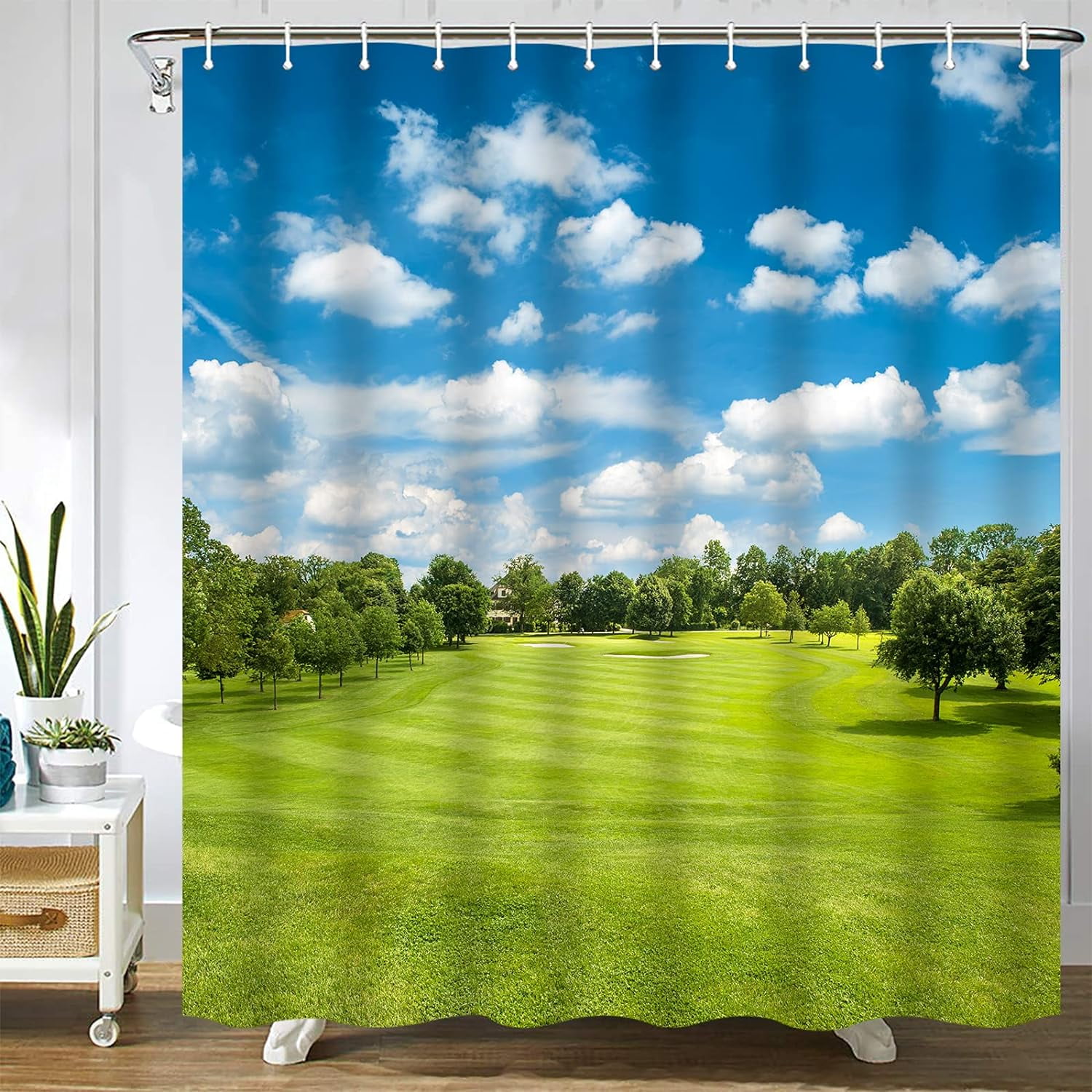 Golf Shower Curtain Course Green Golf Field and Blue Cloudy Sky Sunny Polyester Fabric Shower Curtain Sets with Hooks Waterproof Bathroom Decoration 72x72 Inch