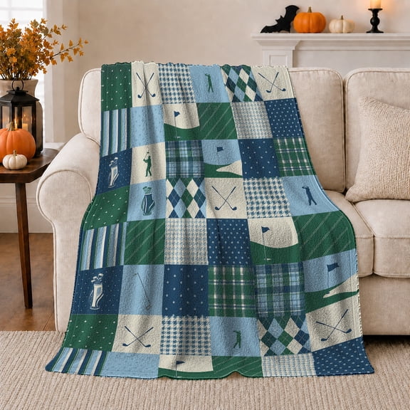 Golf Silhouettes With Houndstooth Plaid And Argyle, Soft Flannel Blanket with Geometric Golf Patchwork Print, Housewarming Gift and Home Decor for Bedroom and Living Room