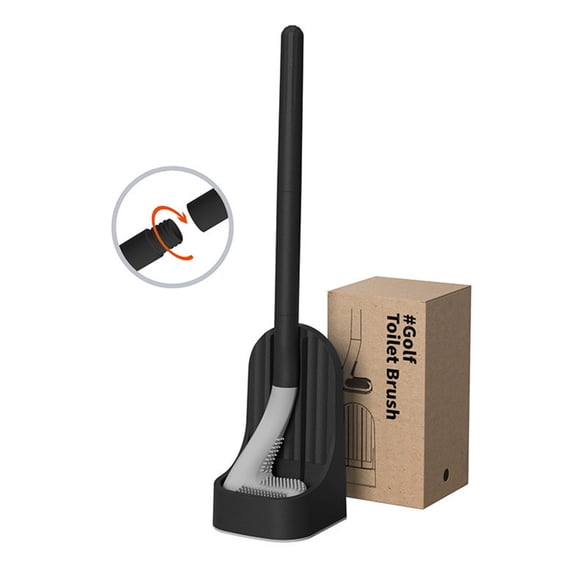 Golf Silicone Toilet Brush with Base, Long Handle Deep Cleaning Scrubber for Bathroom, Flexible Dead-Corner Cleaning Tool with Ventilation Holder Black