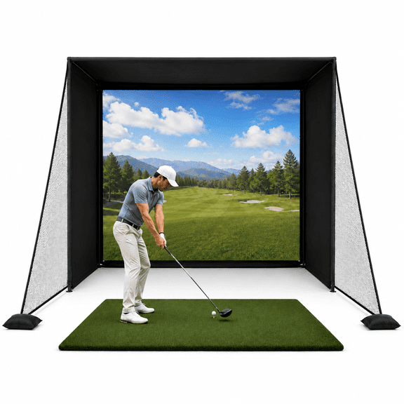 Golf Simulator Enclosure 10 x 8 ft with Impact Screen, Foam-Padded Frame, Aluminum Golf Hitting Net Cage with Side Shank Nets and Top Protection for Indoor Garage Golf Training