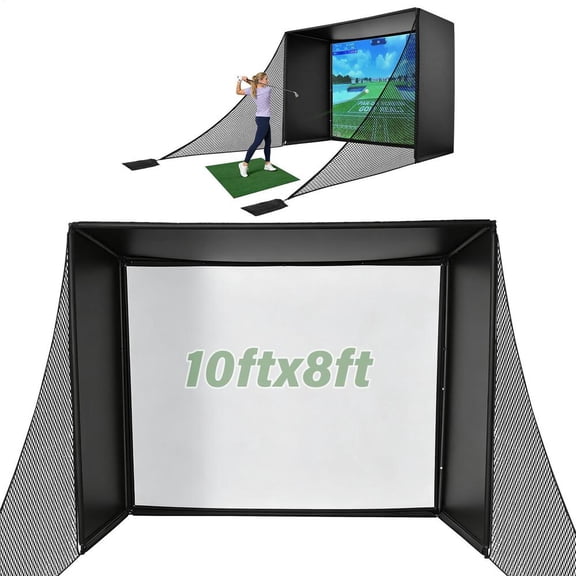 Golf Simulator Enclosure Kit 10 x 8 ft, Dual-Layer Projection Impact Screen, Safety Side Netting Padding for Indoor Home Garage Golf Cage Practice Training