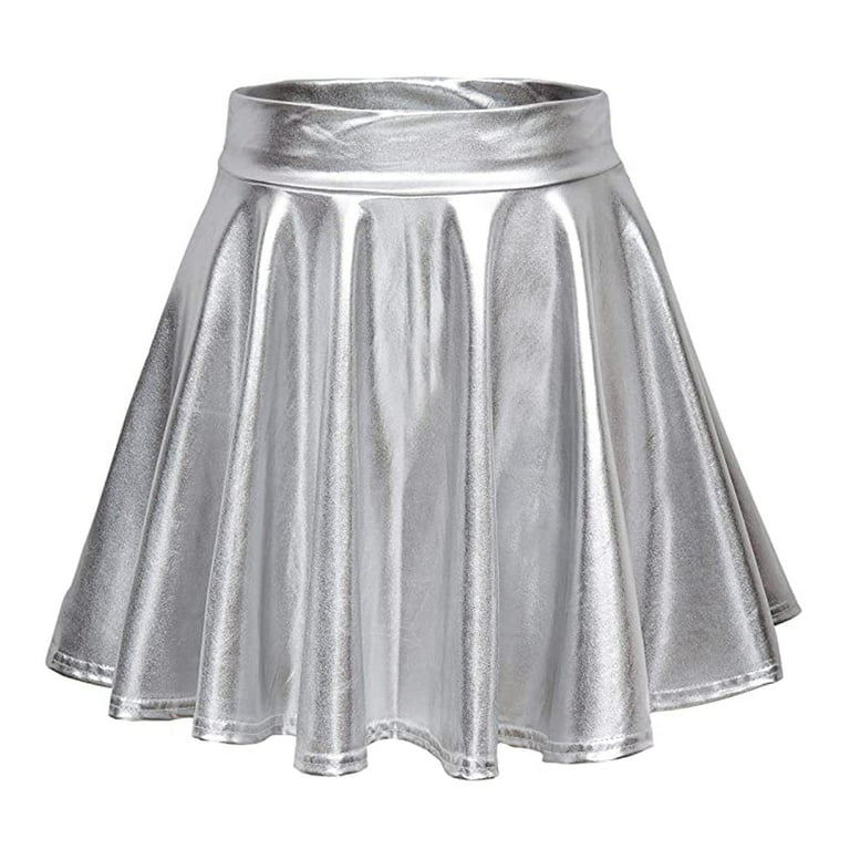 Golf Skirts For Women s Casual Fashion Shiny Metallic Flared Pleated A Line Mini Skirt Silver Walmart