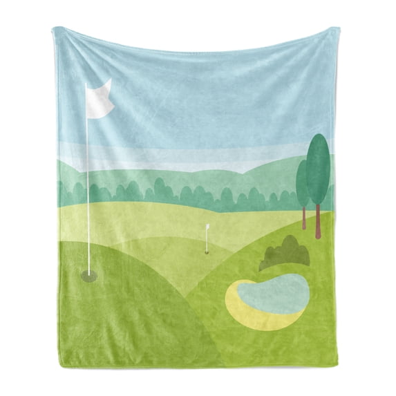 Golf Soft Flannel Fleece Blanket, Abstract View of Teeing Ground Surrounded by Tree Forest Game Hobby Cartoon, Cozy Plush for Indoor and Outdoor Use, 70" x 90", Pale Blue Apple Green, by Ambesonne