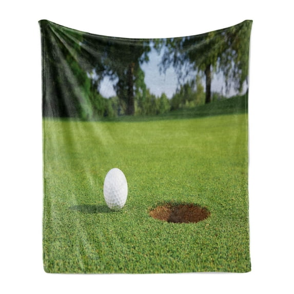 Golf Soft Flannel Fleece Blanket, Golf Ball Close to the Hole Stroke Play Recreational Activity Leisure Sports, Cozy Plush for Indoor and Outdoor Use, 50" x 70", Green White Caramel, by Ambesonne